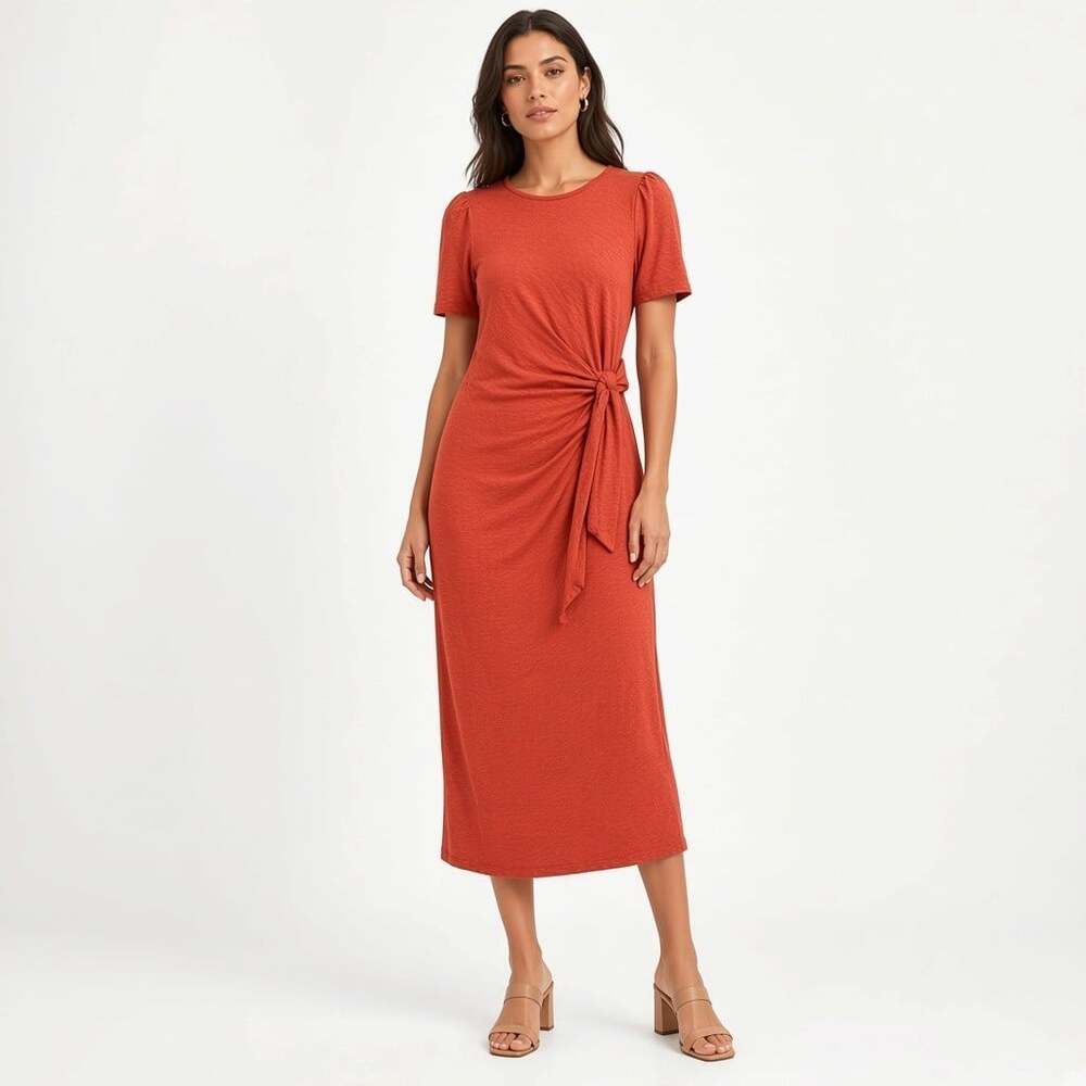 Boden Rust Terracotta Jersey Side Tie Midi Dress Women's Size 8R Cotton Modal